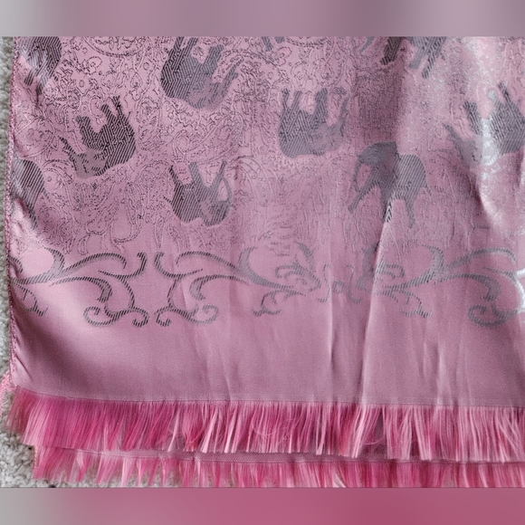 Pink Silk Silver Elephant Fringe Hem Scarf | SZ 72" - Picture 9 of 12